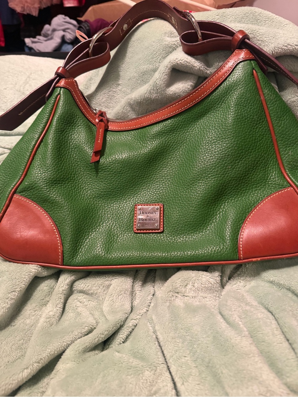 Dooney & Bourke Green Pebble Leather Shoulder Bag with Brown Trim